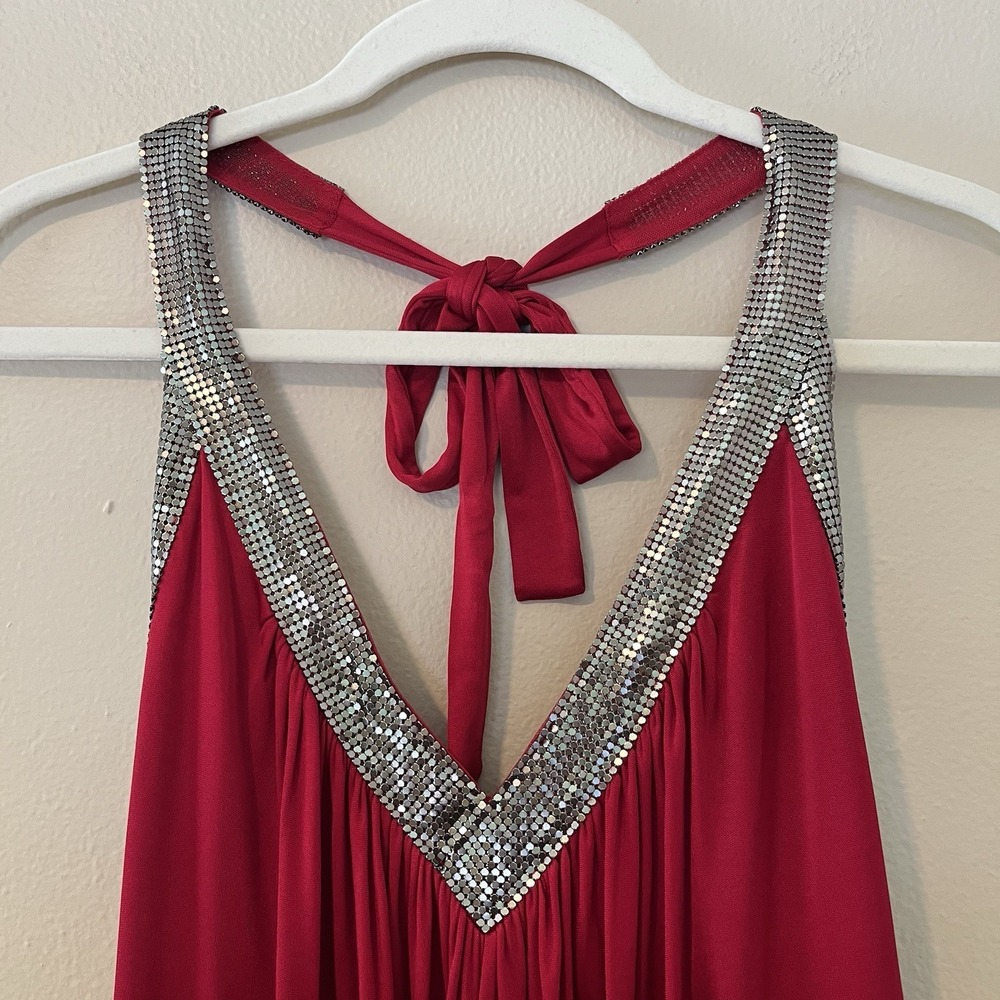 bcbg maxazria dress Womens M Y2K Red Chainmail Castle Core Open Back Glam Silver - Picture 3 of 12